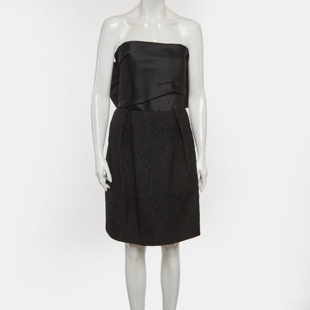 Lanvin Black Satin And Textured Jacquard Bow Detail Strapless Mini Dress M - Picture 2 of 7